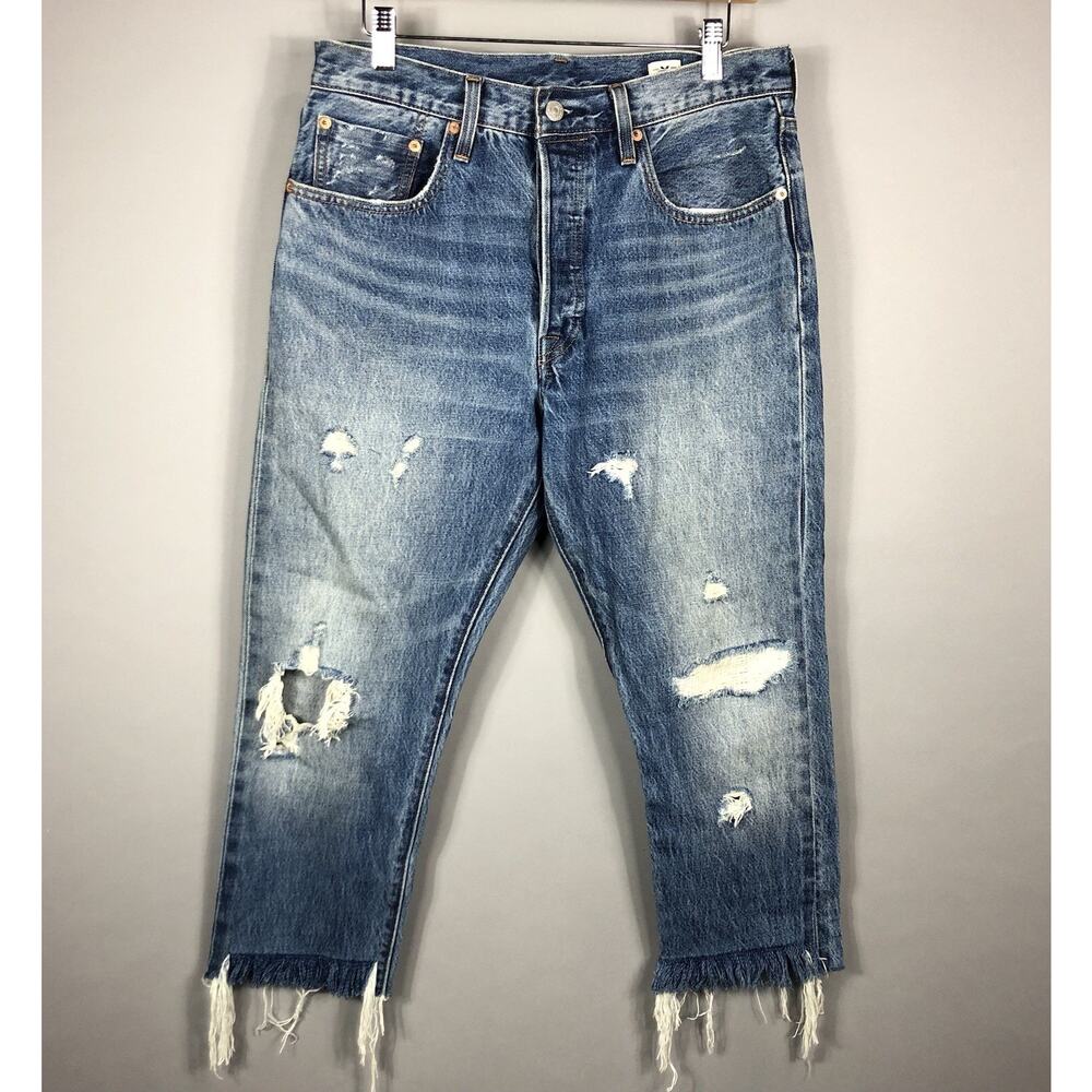 Levi's 501 White Oak Cone Distressed Crop Jeans Womens 30 x 22 Blue Button Fly